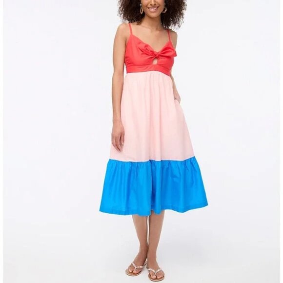 J. Crew Factory Tiered Sundress Midi Dress Cutout Tie Front Colorblock Size 14 - Picture 1 of 11